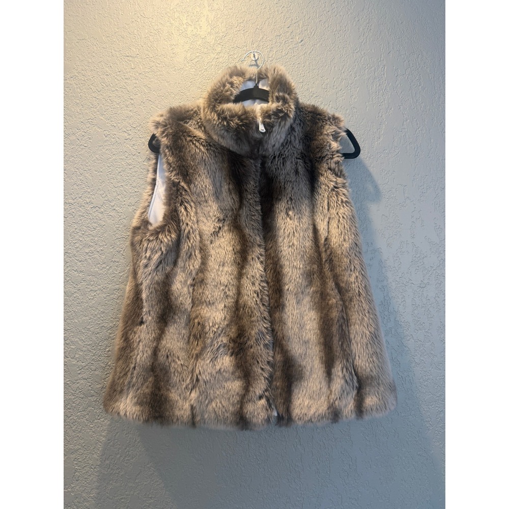 Reversible Faux Fur Vest Grey Brown White Full Zip Stand Collar Pockets L